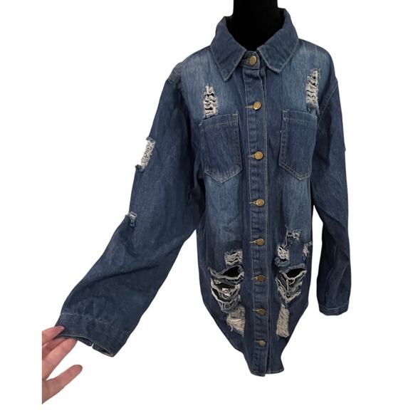 Oversized Distressed Denim Jacket Grunge Y2K Festival Longline Shacket XL - Picture 5 of 14